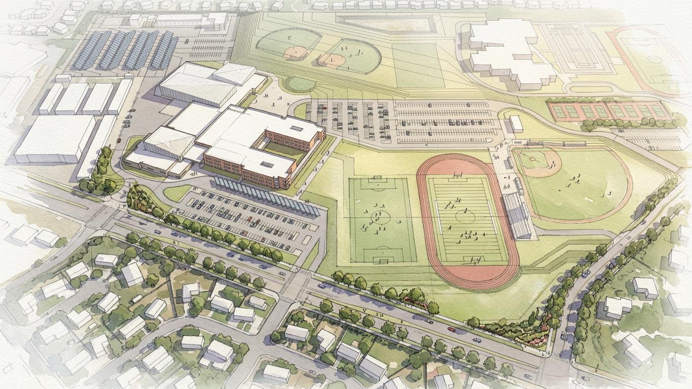 Aerial concept rendering of a high school campus with learning buildings and athletic fields