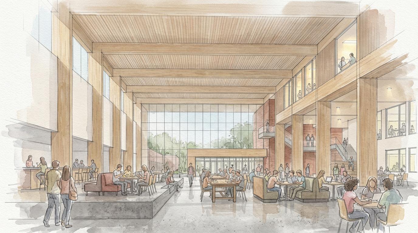 Daylit student commons with warm wood tones, gathering spaces and mountain views