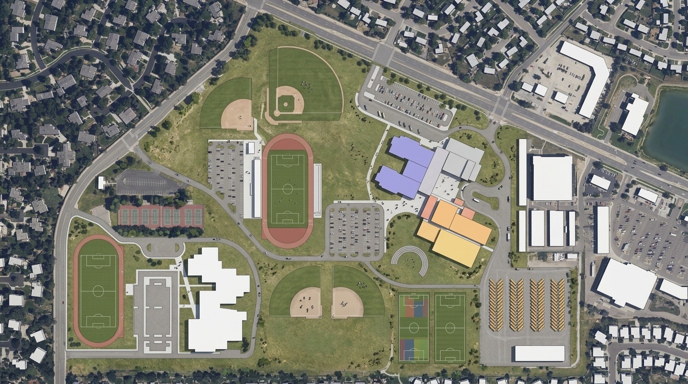 Campus plan showing proposed school buildings, circulation and athletic fields in the surrounding neighborhood