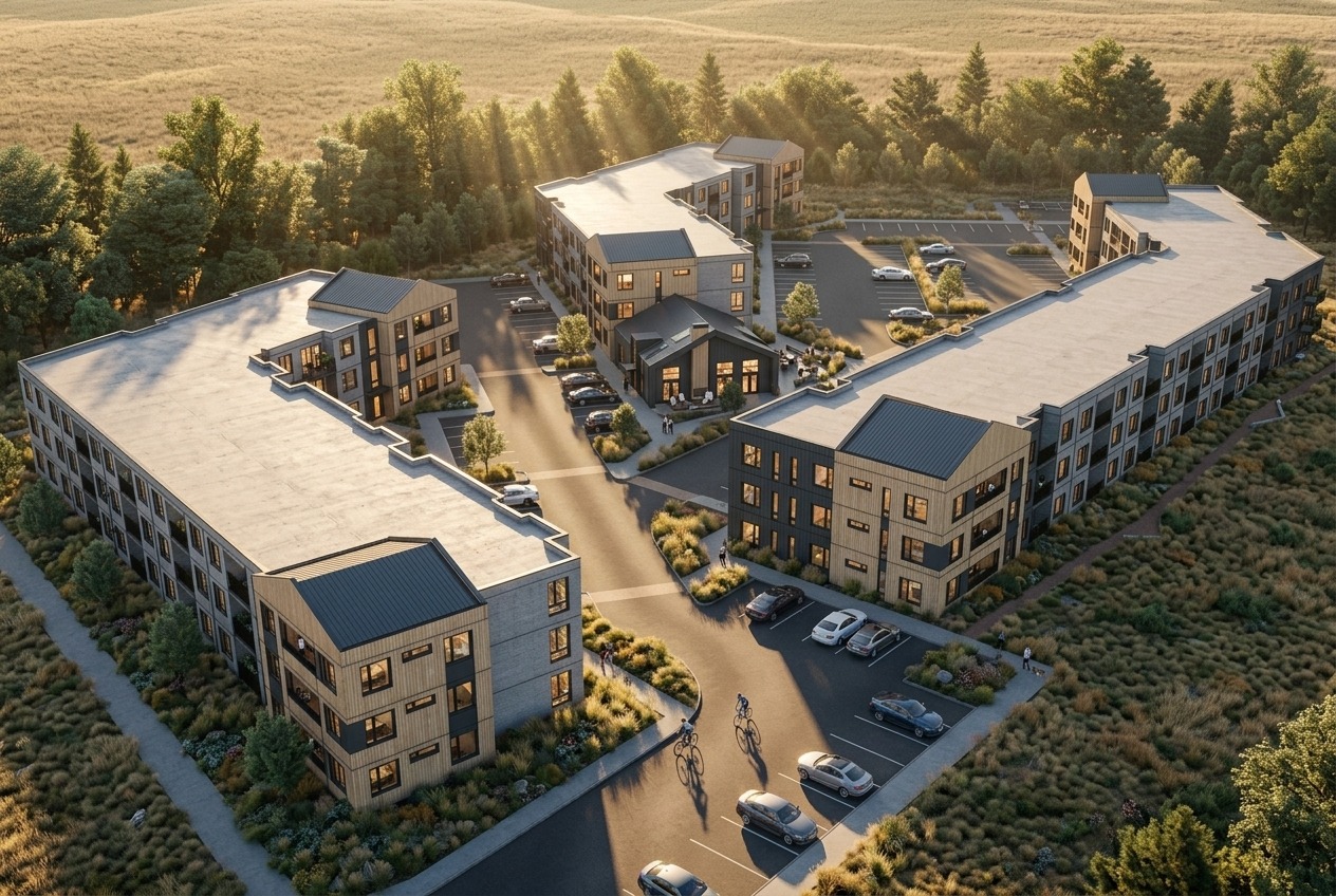 Aerial architectural rendering of Eagle Meadow Homes showing its gabled bookends and site organization