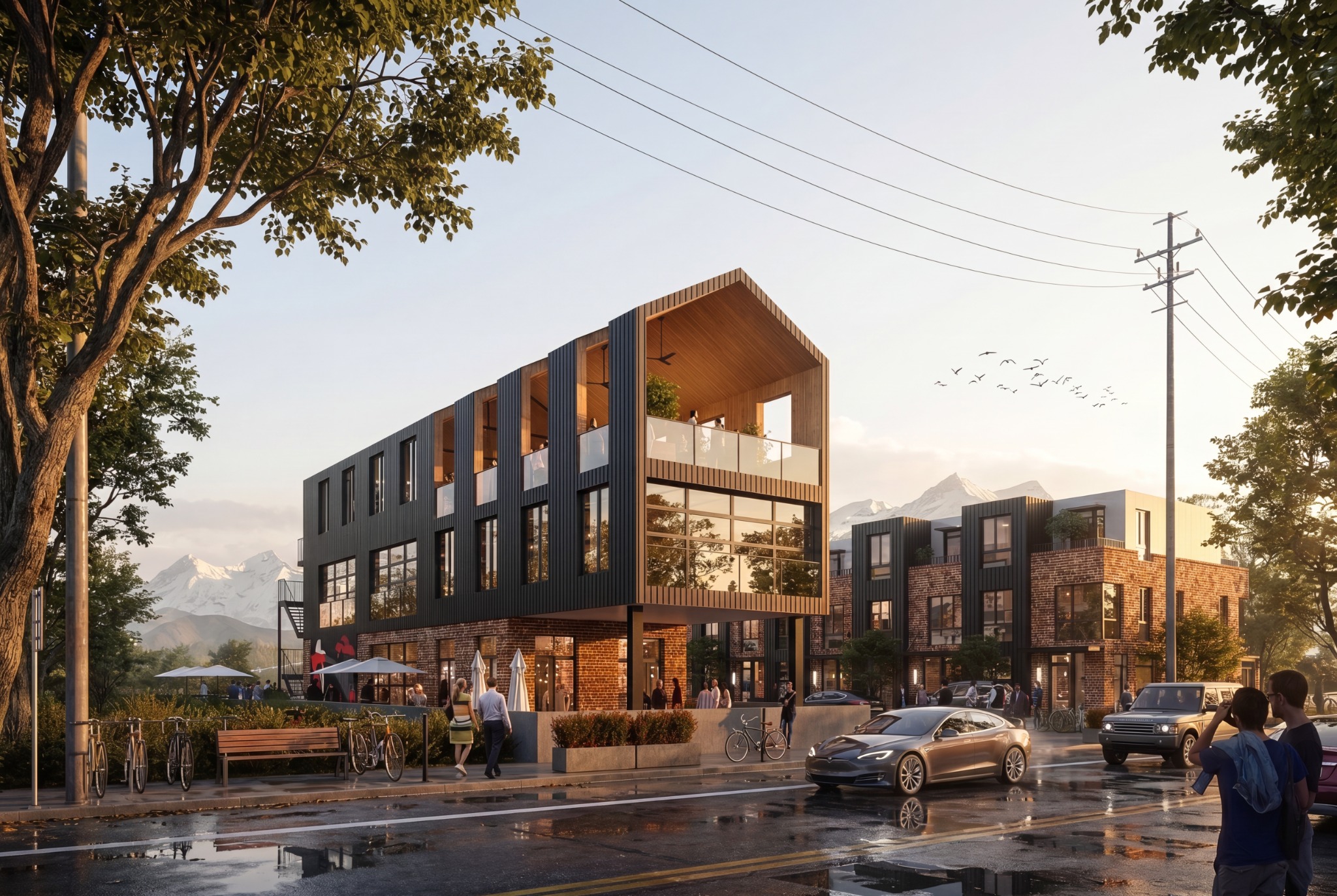 Judson architectural rendering of a sculptural commercial gable and rooftop terrace alongside brick townhomes