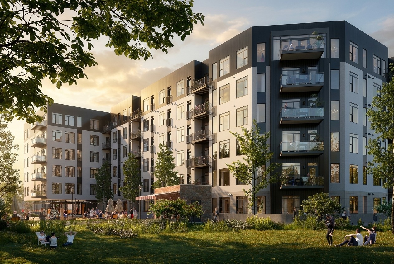 Apartment building overlooking a landscaped shared lawn