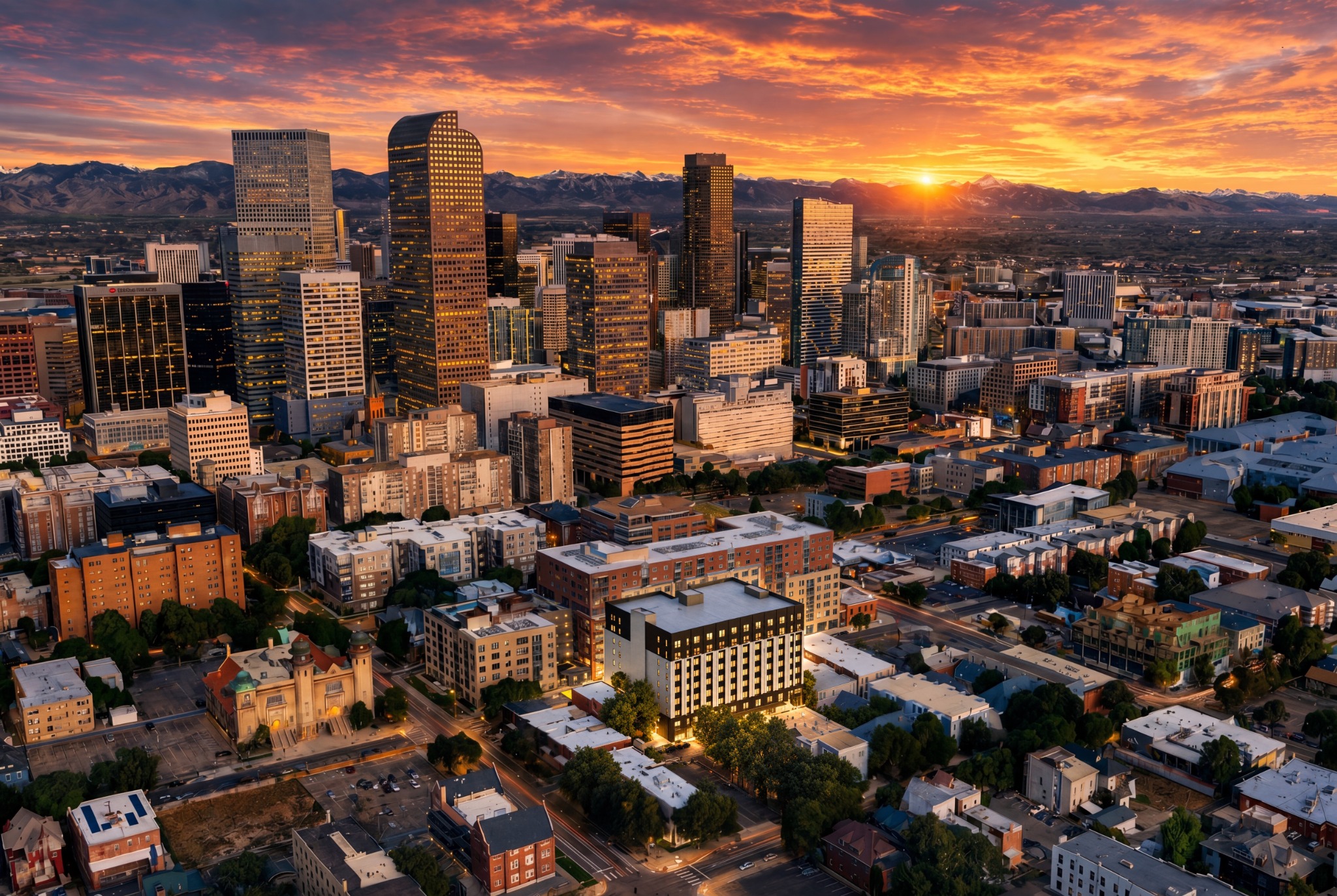 Aerial architectural rendering of Pearl Street in Uptown with the downtown Denver skyline beyond
