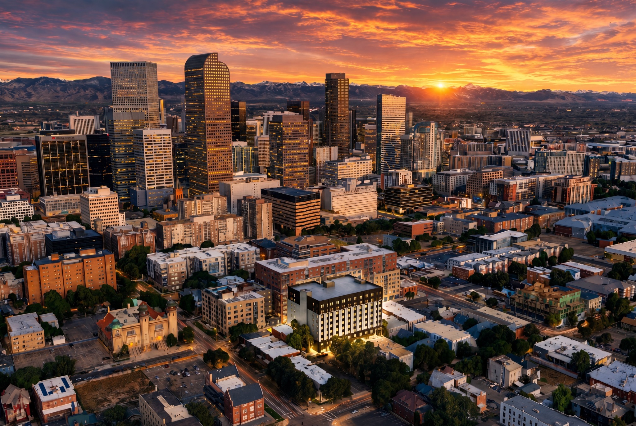 Aerial architectural rendering of Pearl Street in Uptown with the downtown Denver skyline beyond