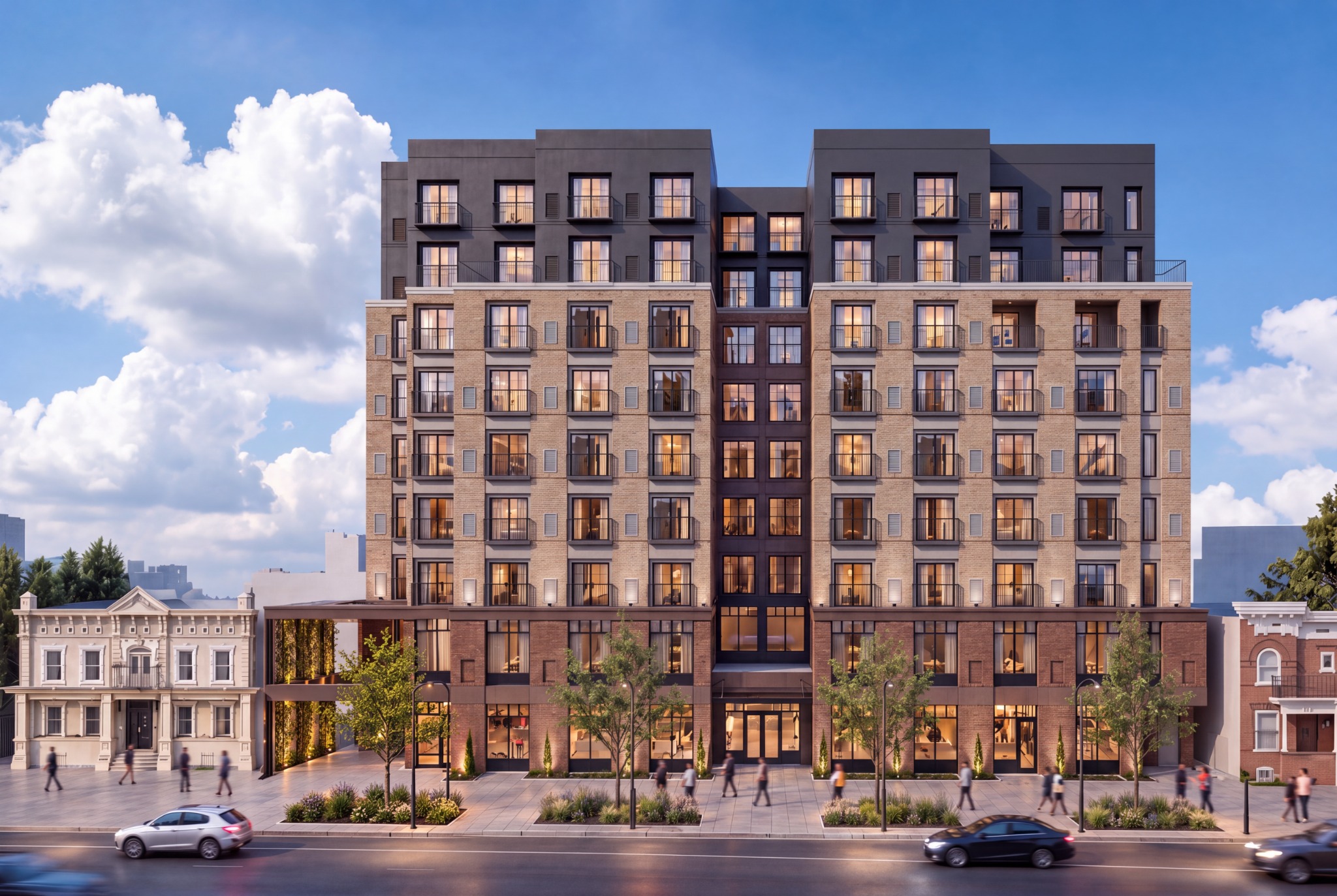 Architectural rendering of Pearl Street Apartments, with brick façades and a landscaped sidewalk in Uptown Denver