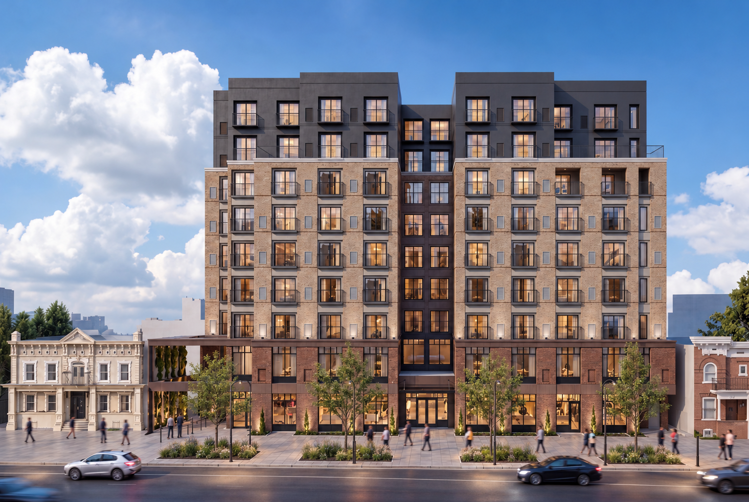 Architectural rendering of Pearl Street Apartments, with brick façades and a landscaped sidewalk in Uptown Denver