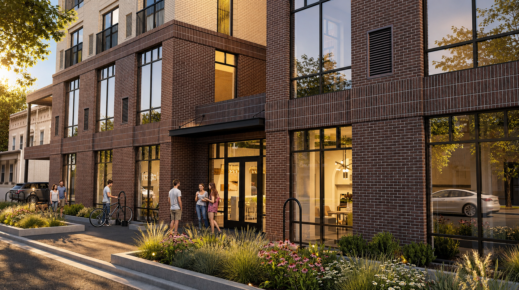 Street-level rendering of Pearl Street showing brick detailing, tall lobby windows and a landscaped sidewalk