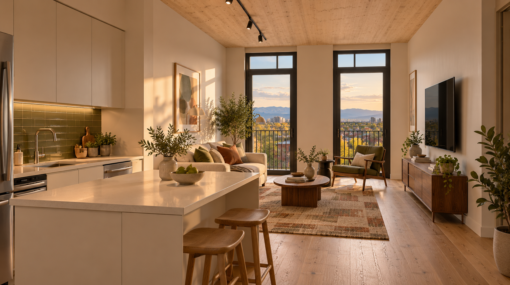 Pearl Street apartment interior concept with an exposed timber ceiling, open kitchen and living area, and mountain views through tall Juliette balcony doors