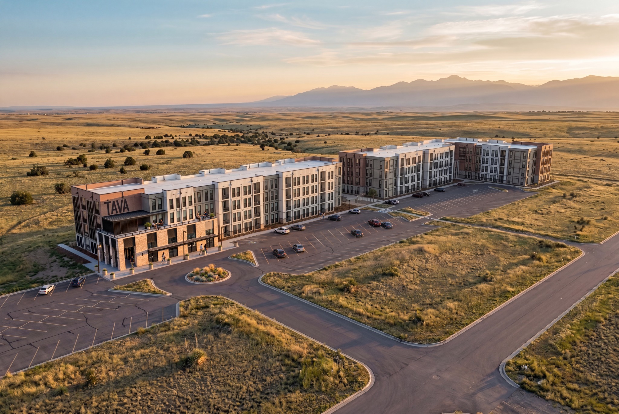 Aerial rendering of Tava Square in the Pueblo landscape