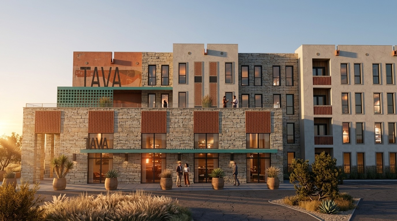 Front elevation with stone amenity spaces and a screened upper terrace