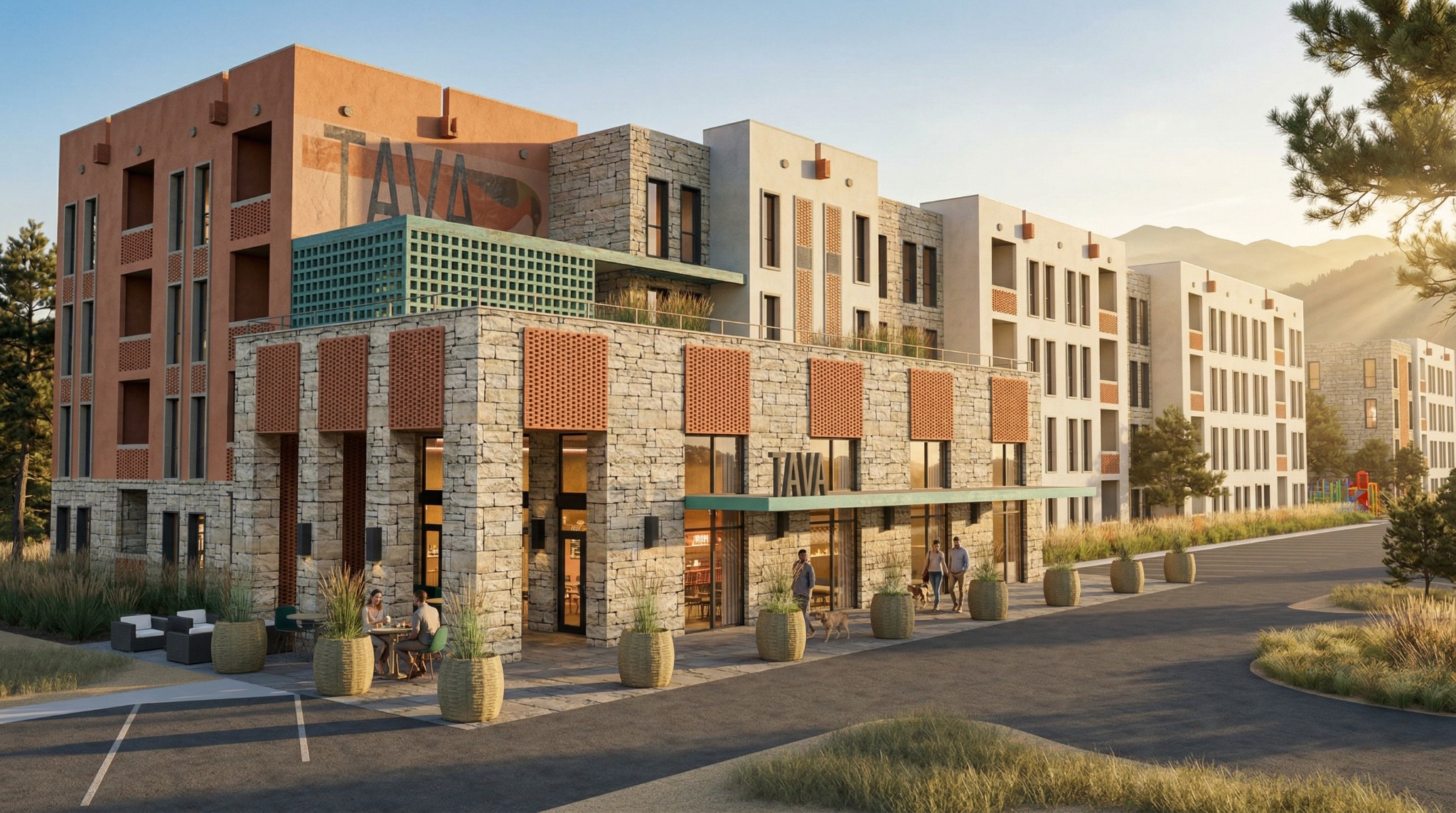 Tava Square stone and stucco façades with screened terrace