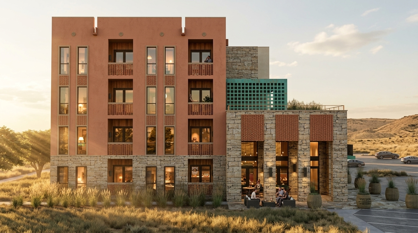 Side view showing terracotta stucco, stone and a sheltered outdoor seating area