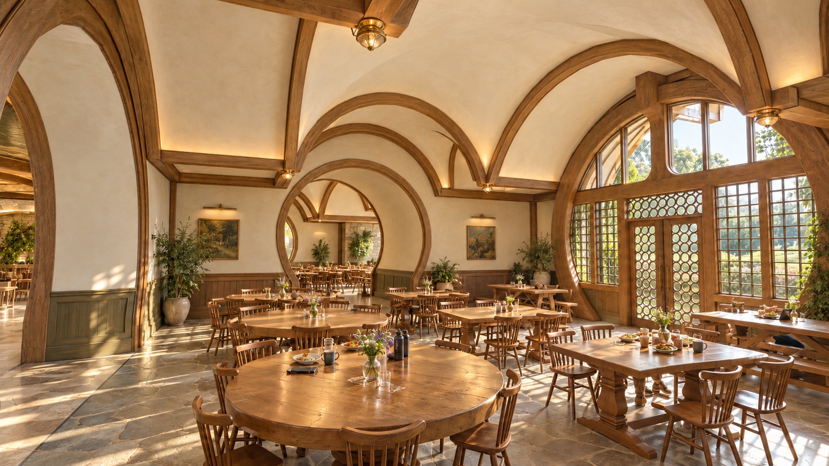 Warm dining hall with arched wood detailing, stone floors and tall windows opening to the landscape