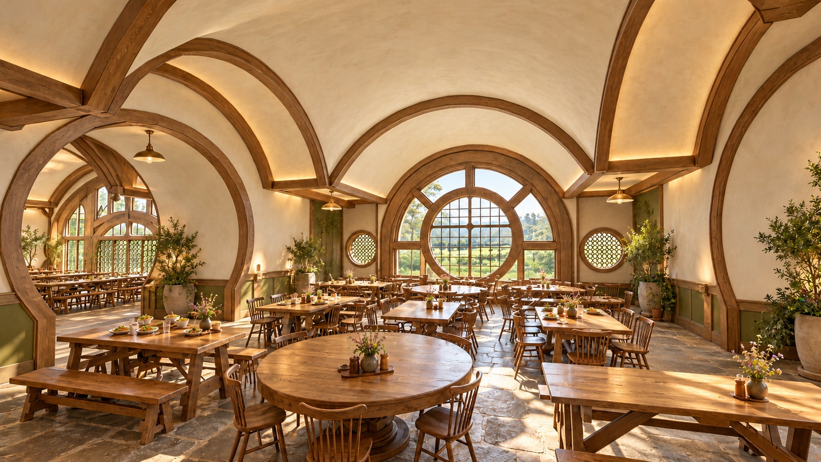 Dining room with a large circular window, curved ceiling and wood tables arranged beneath warm lighting