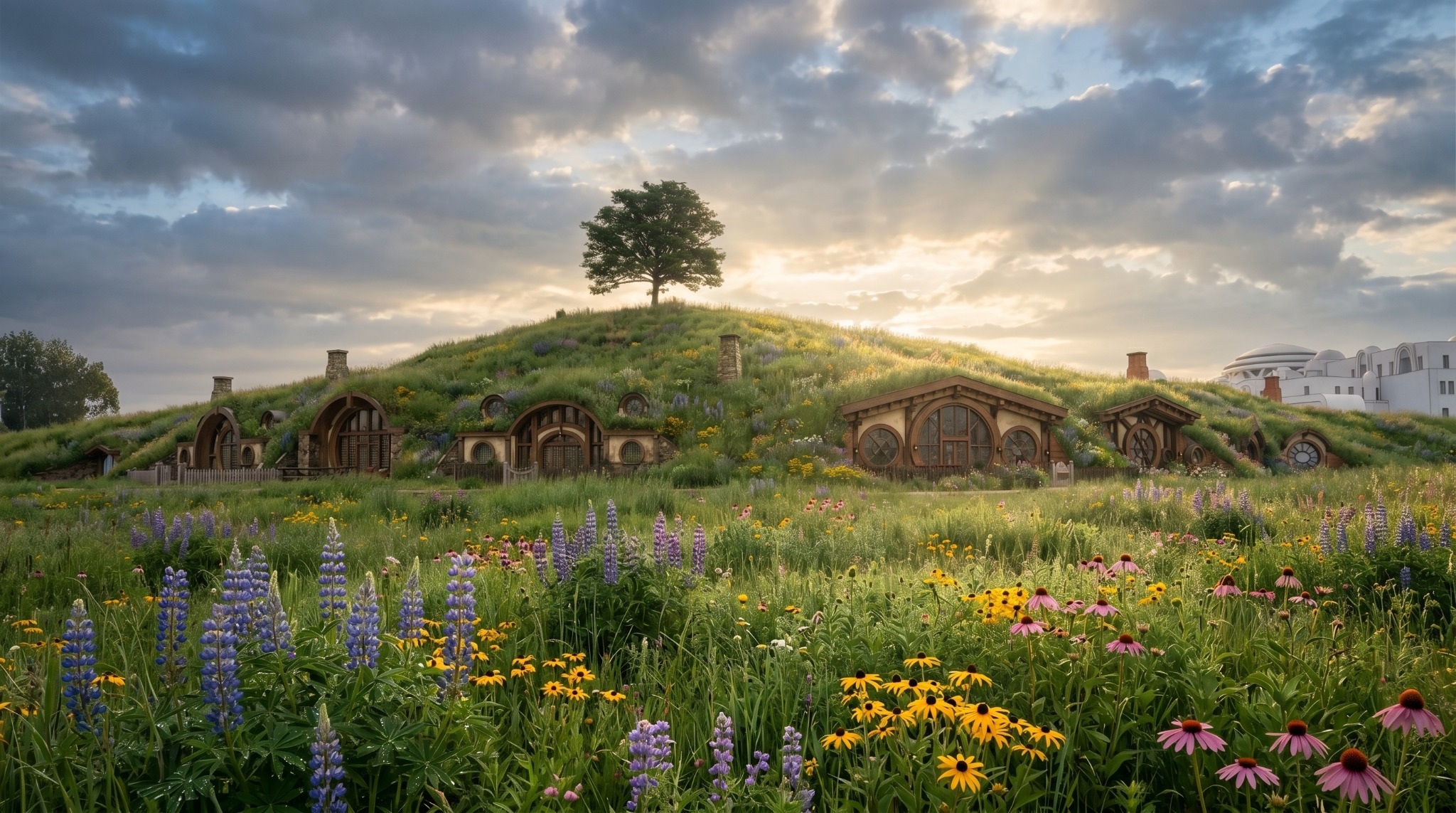 Underhill Food Hall nestled into a flowering hillside beneath a solitary hilltop tree